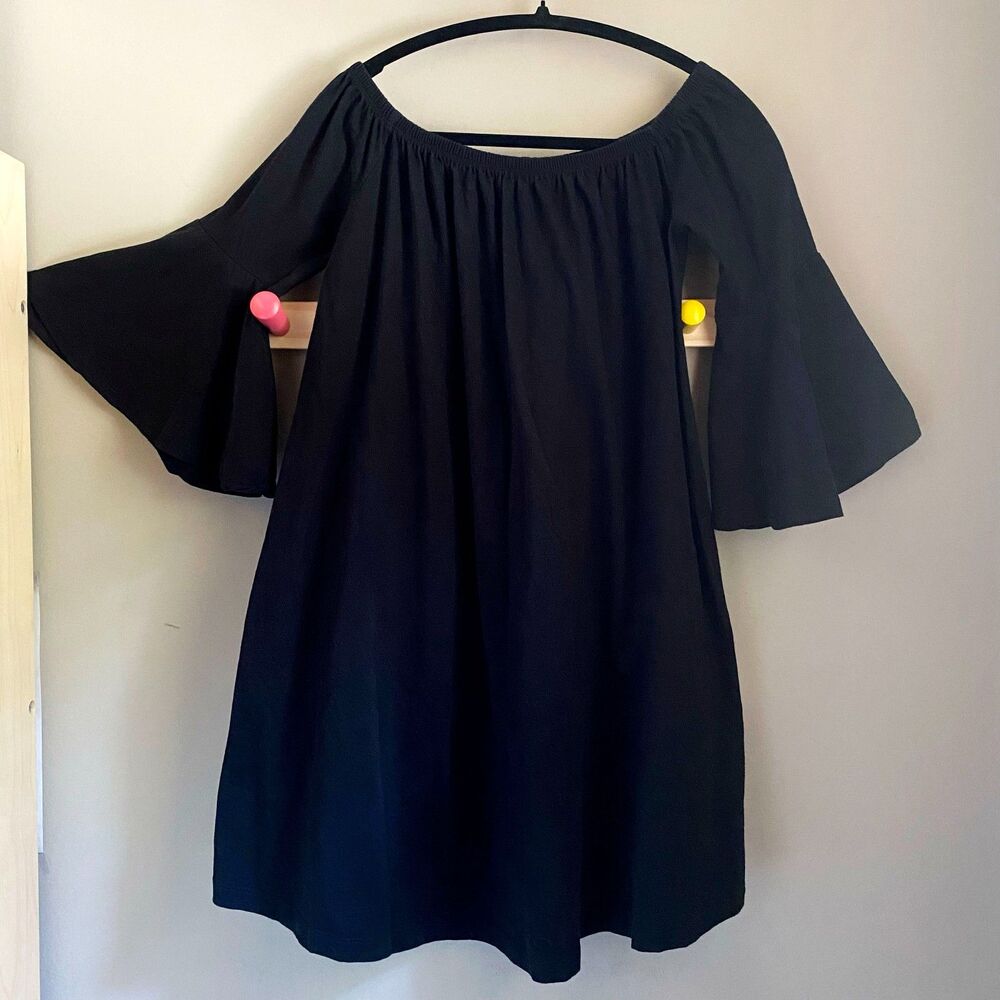 ASOS 100% Cotton Black Off-Shoulder Maternity Mini Dress w/ Trumpet Sleeves